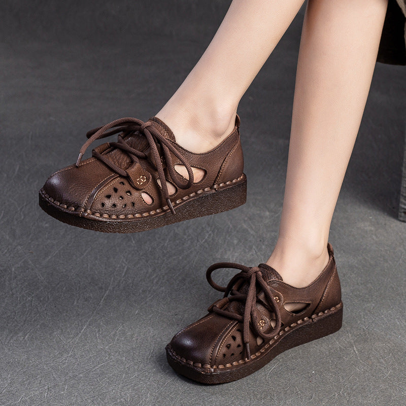 Women Retro Hollow Leather Flat Casual Shoes Newgew Shoes