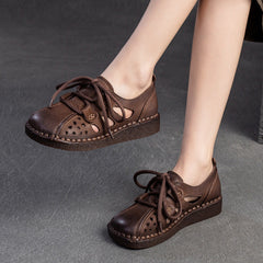 Women Retro Hollow Leather Flat Casual Shoes Newgew Shoes