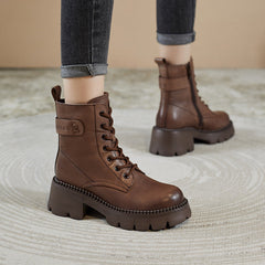 Women Retro Soft Leather Chunky Heel Boots Newgew Shoes