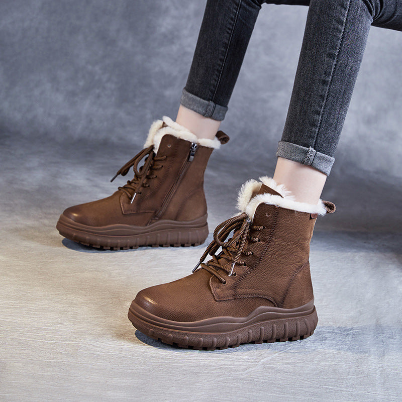 Women Retro Thick Soled Leather Snow Boots Newgew Shoes