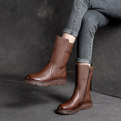 Women Solid Cowhide Casual Mid Calf Boots Newgew Shoes