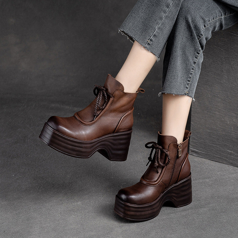 Women Autumn Retro Leather Chunky Platform Boots Newgew Shoes