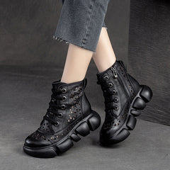 Women Hollow Leather Retro Casual Boots Newgew Shoes