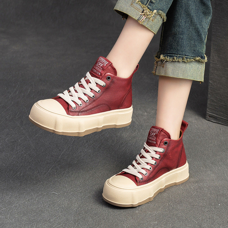 Women Fashion Cowhide Lace-up Casual Flat Ankle Boots Newgew Shoes