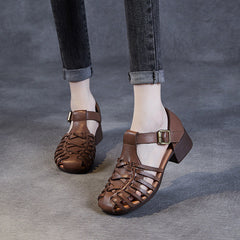 Women Retro Plaited Leather Summer Low Block Sandals Newgew Shoes