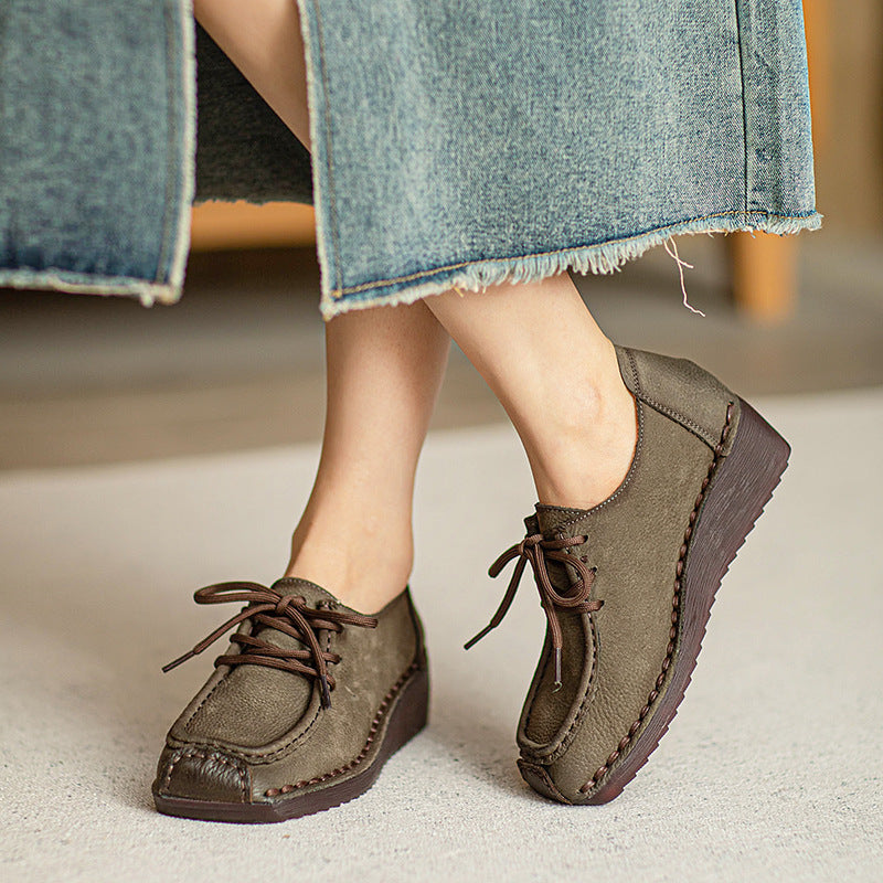 Women Retro Leather Square Head Low Wedge Shoes Newgew Shoes