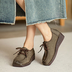 Women Retro Leather Square Head Low Wedge Shoes Newgew Shoes