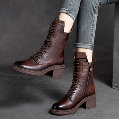 Women Retro Leather Zipper Wedge Boots Newgew Shoes