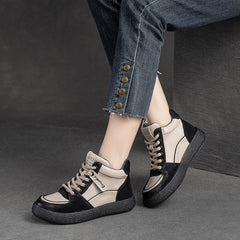 Women Retro Patchwork Leather Flat Casual Boots Newgew Shoes