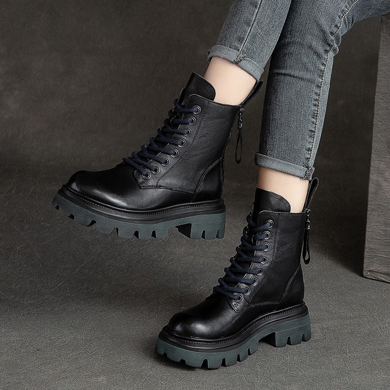 Women Retro Soft Leather Lug Sole Combat Boots Newgew Shoes