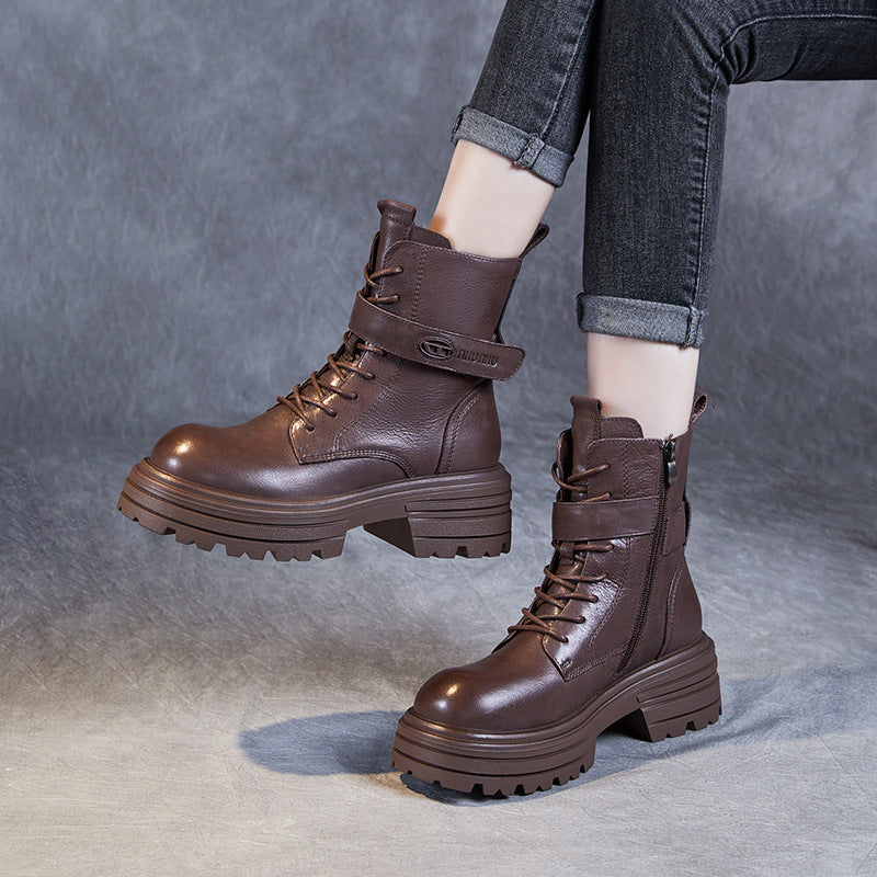 Women Retro Leather Thick Soled Combat Boots Newgew Shoes