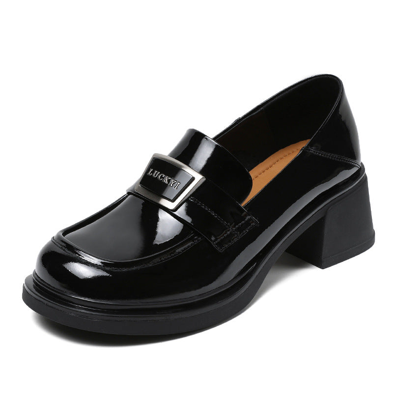 Women Glossy Leather Casual Chunky Heel Loafers Newgew Shoes