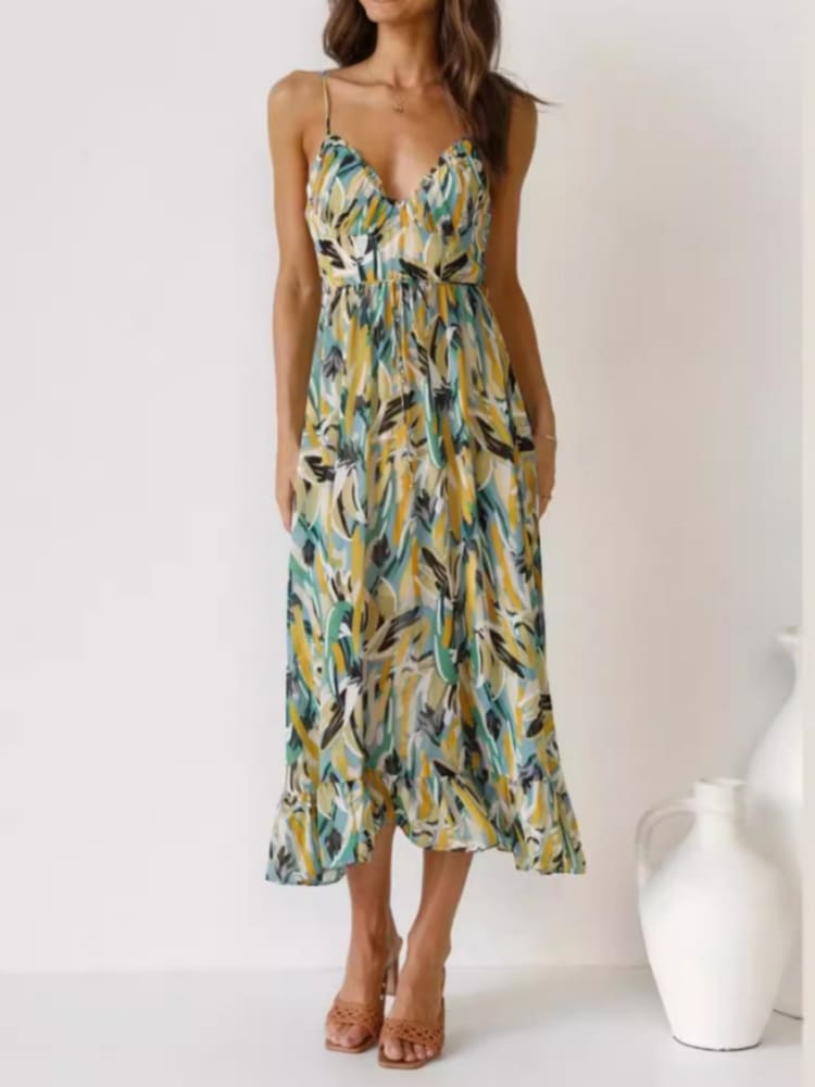 Floral Ruffle-Trim Midi Tank Dress Newgew Dresses