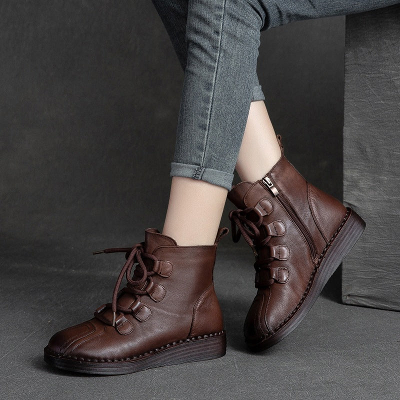 Women Retro Leather Flat Casual Boots Newgew Shoes