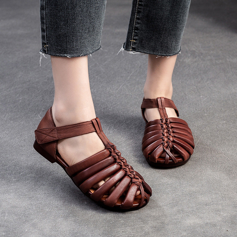 Women Retro Handmade Leather Flat Summer Sandals Newgew Shoes