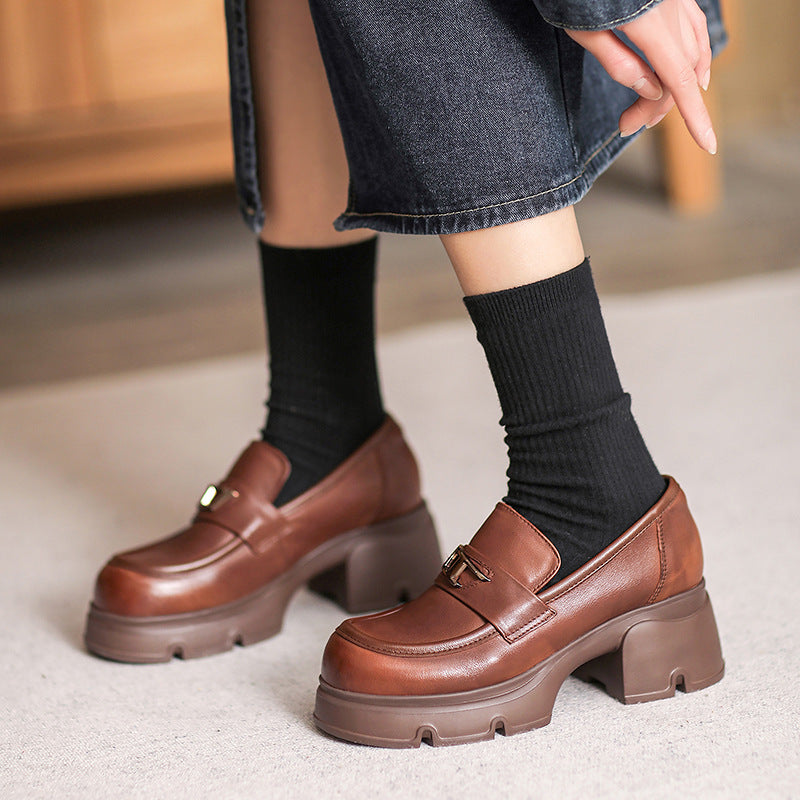 Women Retro Minimalist Leather Chunky Heel Loafers Newgew Shoes