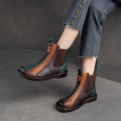 Women Color Matching Leather Comfort Flat Boots Newgew Shoes