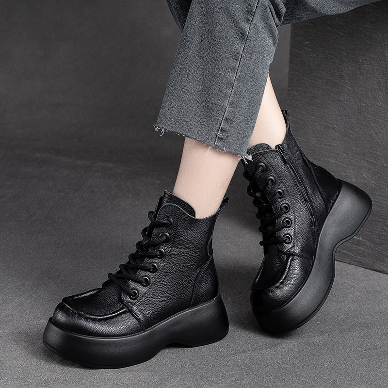 Women Retro Solid Leather Platform Boots Newgew Shoes