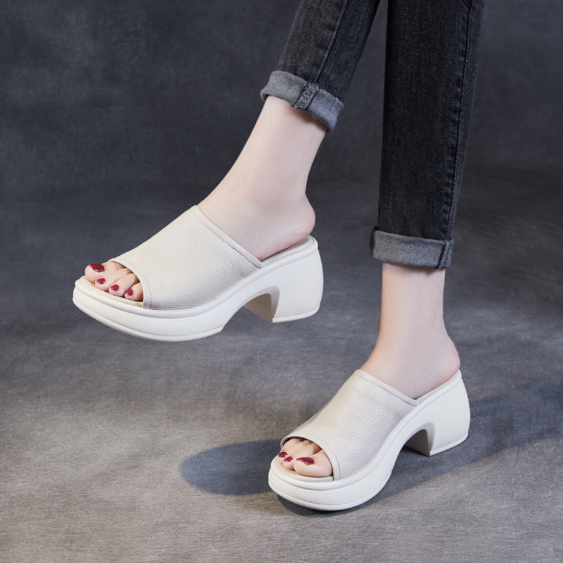 Women Minimalist Leather Chunky Heel Slides Sandals Newgew Shoes