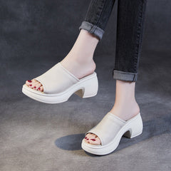 Women Minimalist Leather Chunky Heel Slides Sandals Newgew Shoes