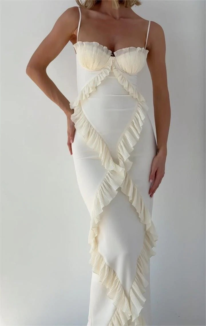Pleated Frilly Slip Slit Maxi Dress Newgew Dresses