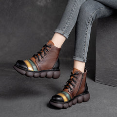 Women Color Matching Leather Casual Platform Boots Newgew Shoes