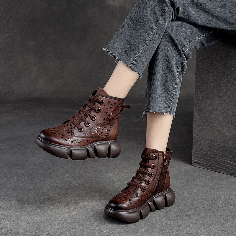 Women Hollow Leather Retro Casual Boots Newgew Shoes