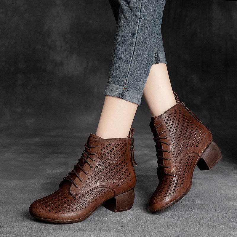 Women Casual Hollow Leather Chunky Heel Boots Newgew Shoes