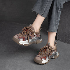 Women Retro Patchwork Leather Platform Dad Sneakers Newgew Shoes