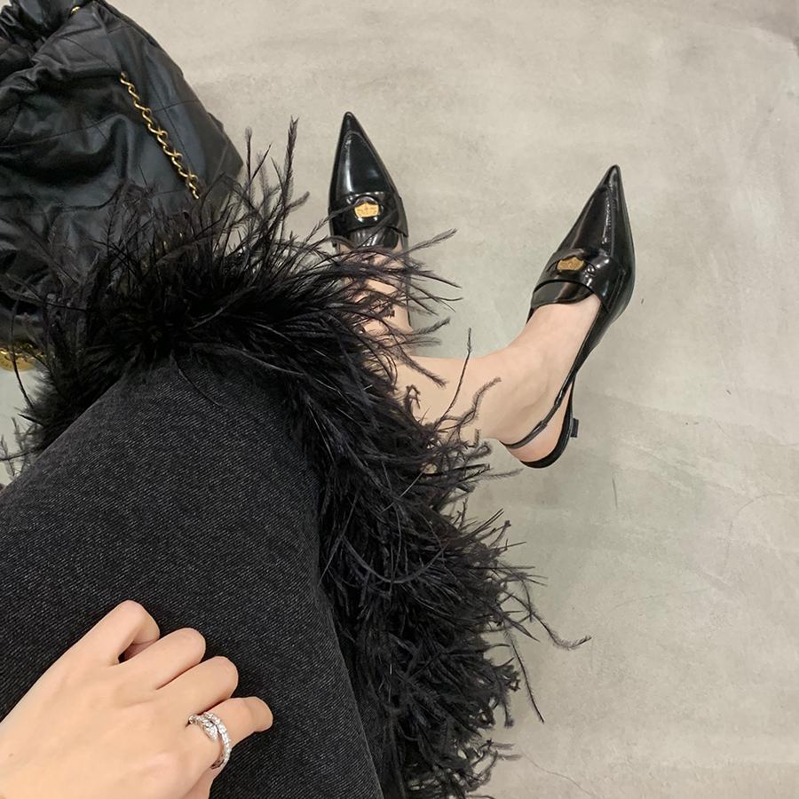 Genuine Leather Color Matching Pointed Toe Slingback High Heels Newgew