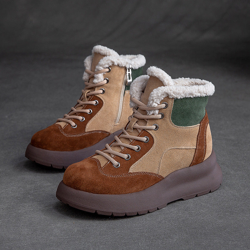 Women Retro Patchwork Leather Furred Snow Boots Newgew Shoes