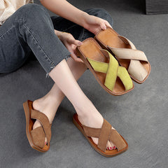 Women Retro Leather Flat Casual Slides Newgew Shoes