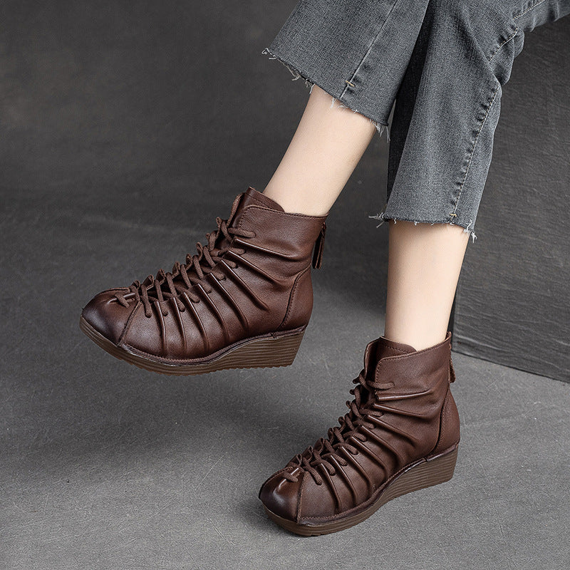 Women Retro Minimalist Leather Wedge Boots Newgew Shoes