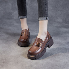 Women Retro Leather Casual Chunky Heel Loafers Newgew Shoes