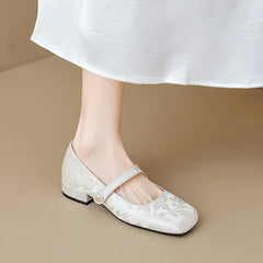 Women Retro Jacquard Low Block Mary Jane Shoes Newgew Shoes