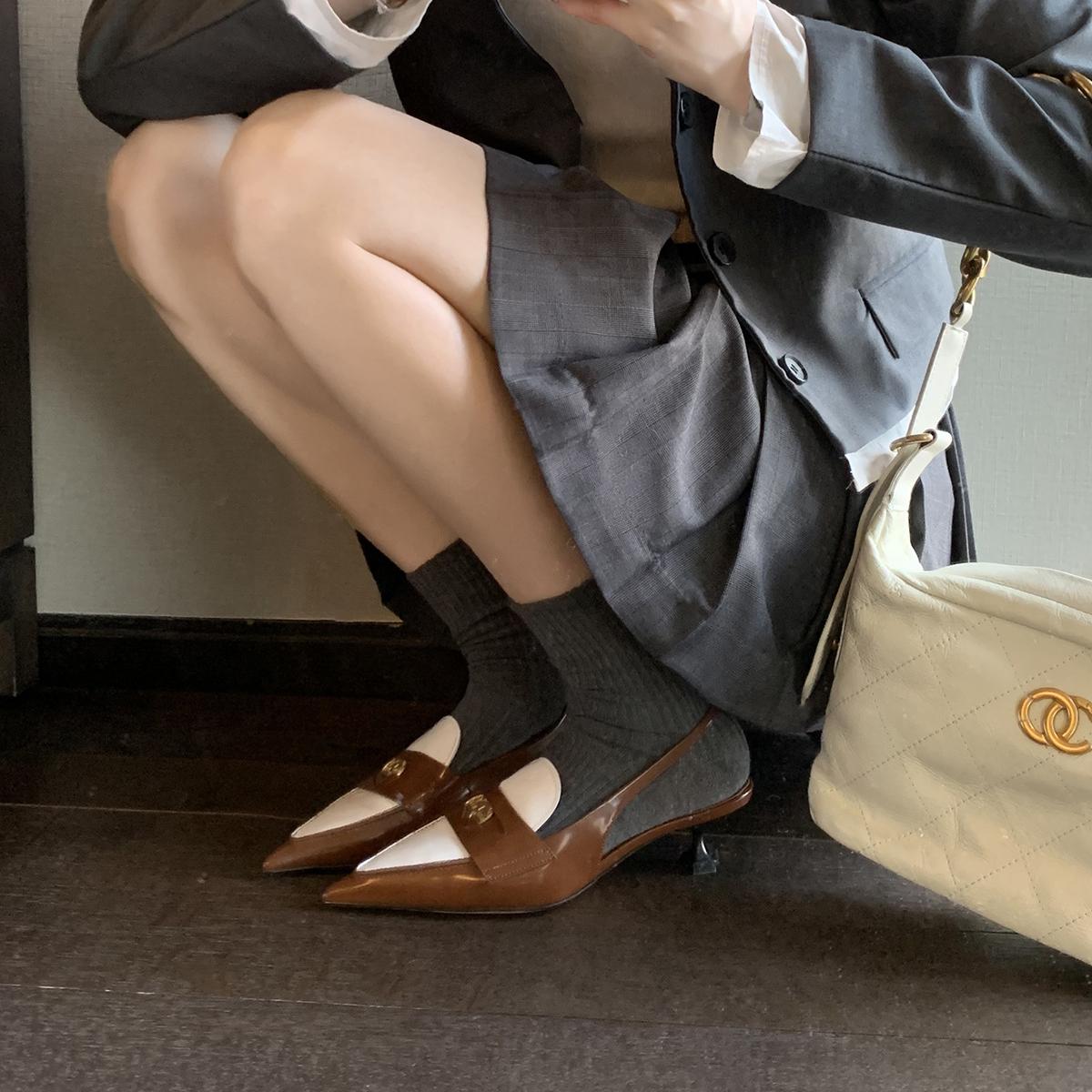 Genuine Leather Color Matching Pointed Toe Slingback High Heels Newgew