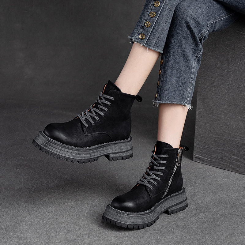 Women Retro Leather Patchwork Thick Soled Boots Newgew Shoes