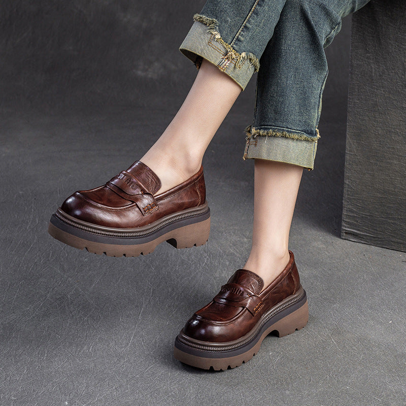 Women Retro Leather Thick Soled Casual Loafers Newgew Shoes