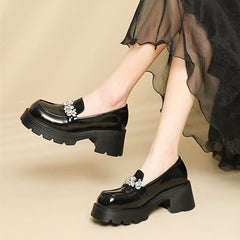 Women Casual Leather Crystal Chunky Heel Loafers Newgew Shoes