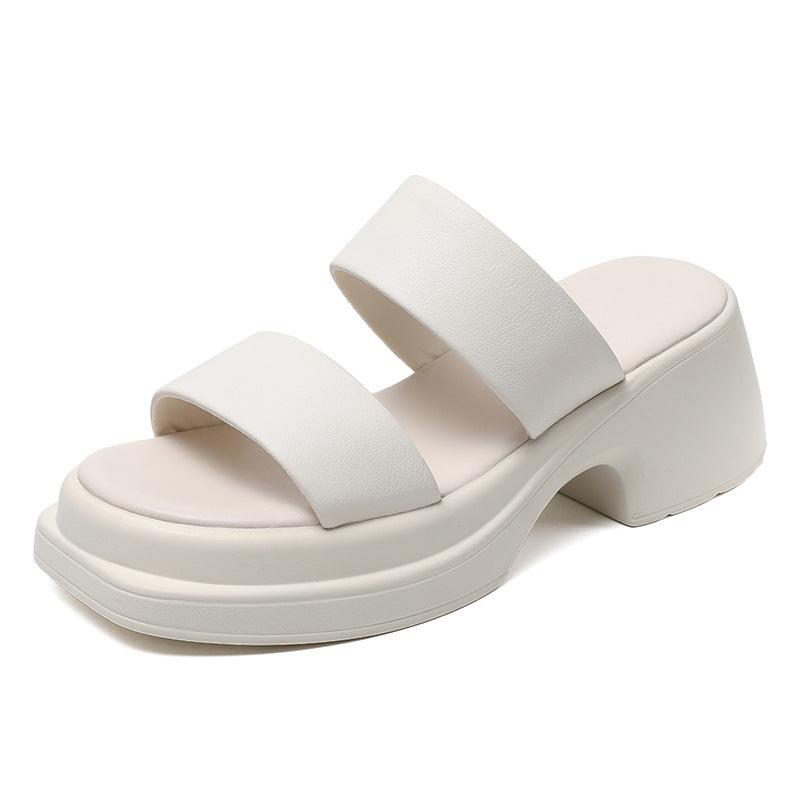 Women Retro Solid Soft Leather Chunky Lug Sole Slides Newgew Shoes