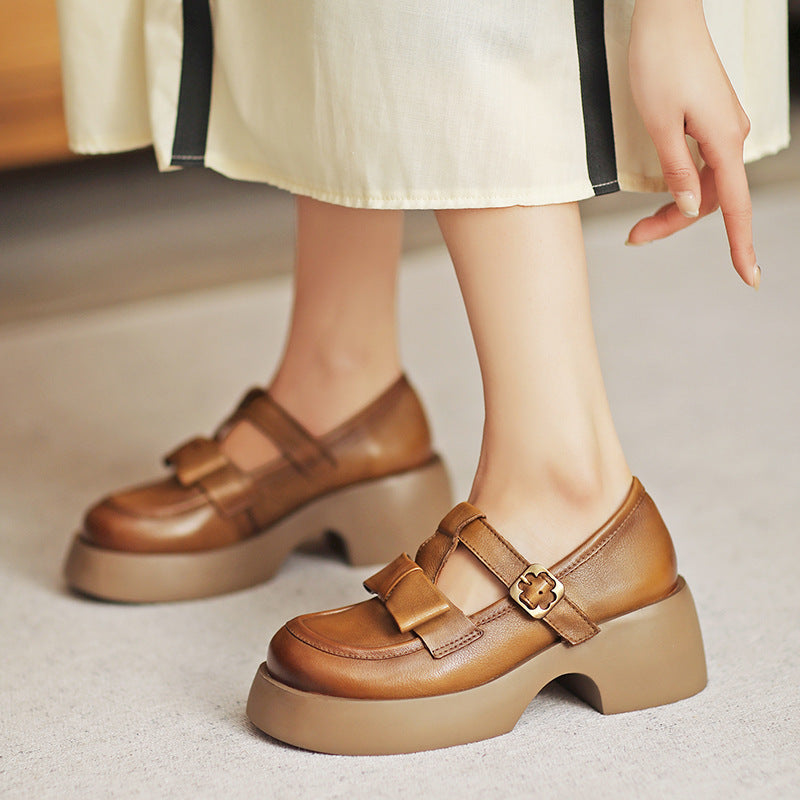 Women Retro Leather Solid Chunky Casual Shoes Newgew Shoes