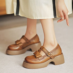 Women Retro Leather Solid Chunky Casual Shoes Newgew Shoes