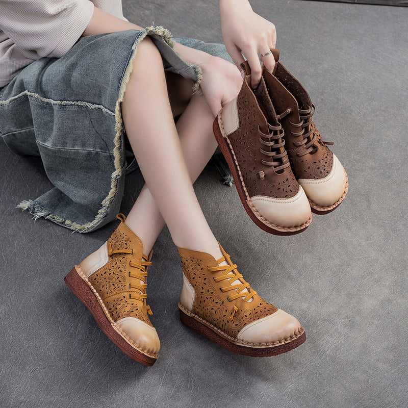 Women Hollow Soft Leather Flat Ankle Boots Newgew Shoes