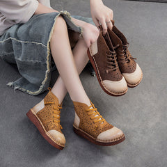 Women Hollow Soft Leather Flat Ankle Boots Newgew Shoes