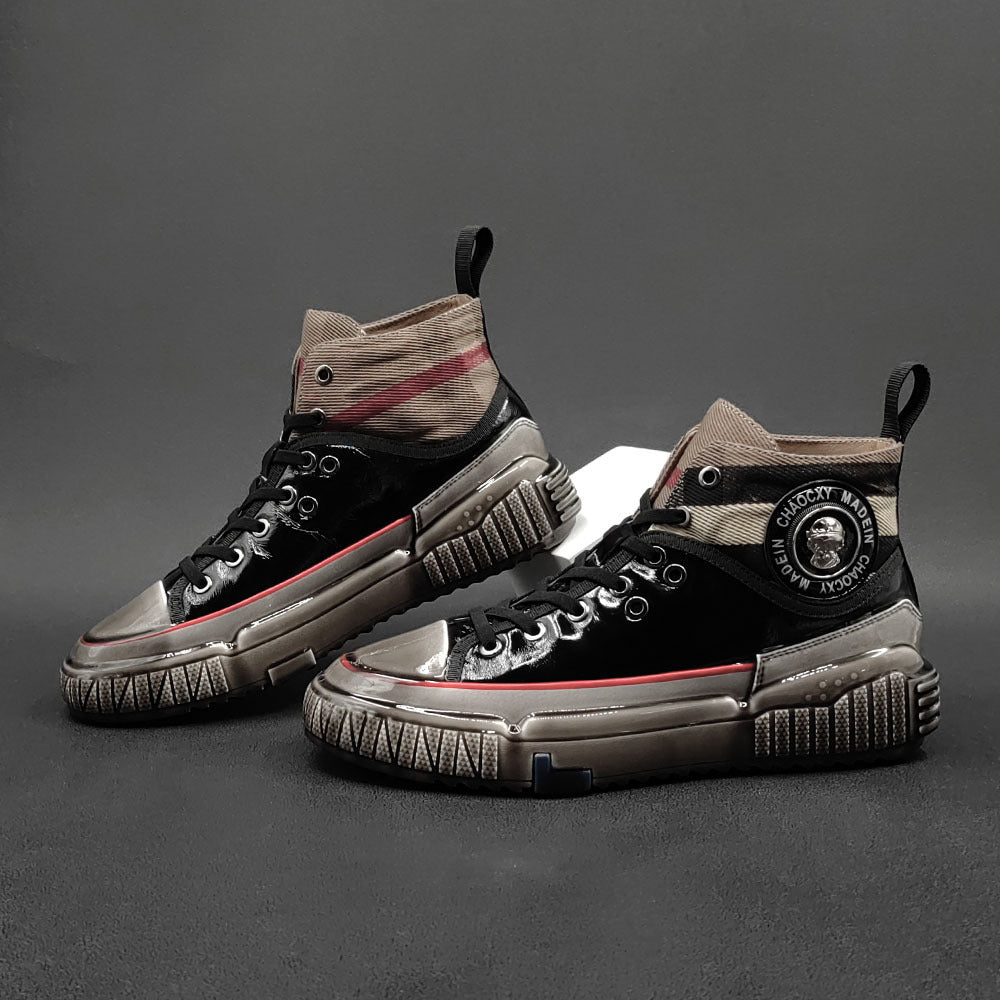 Men Stylish Glossy Leather Patchwork High Top Casual Shoes Newgew Shoes