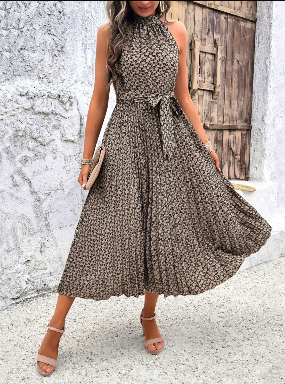 Women's Patterned Sleeveless Halterneck Midi Dress with Waist Tie Newgew Dresses