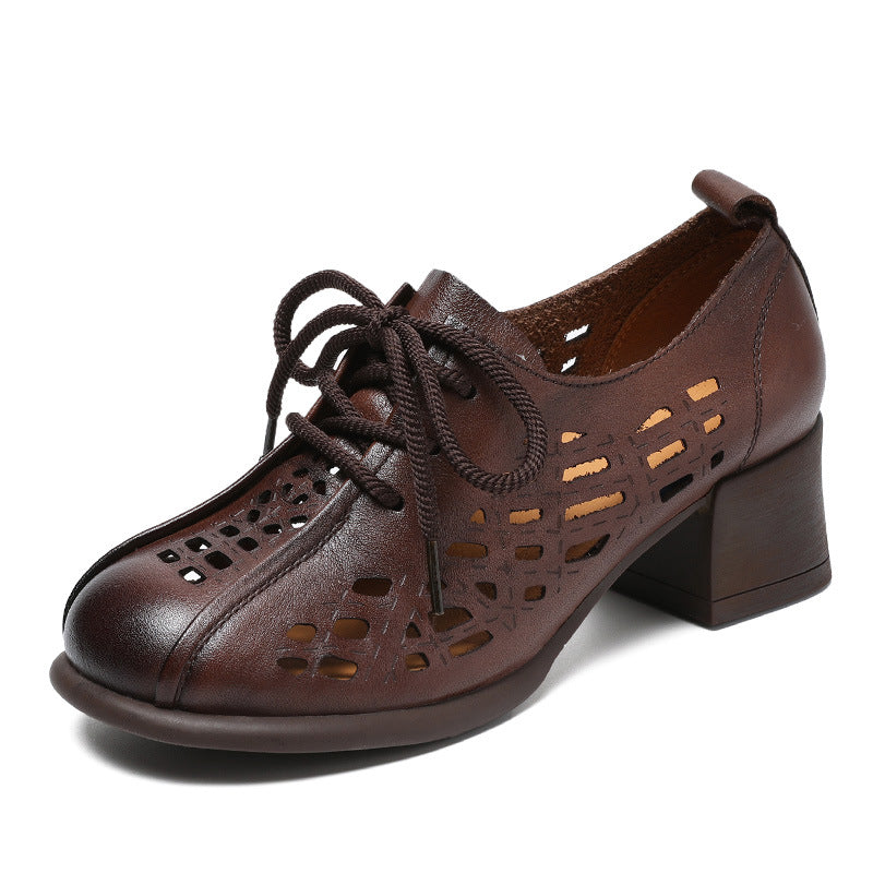 Women Hollow Leather Lace Up Summer Heel Casual Shoes Newgew Shoes