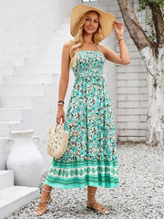 Floral Print Smocked Chest Halter Neck Maxi Dress Newgew Dresses