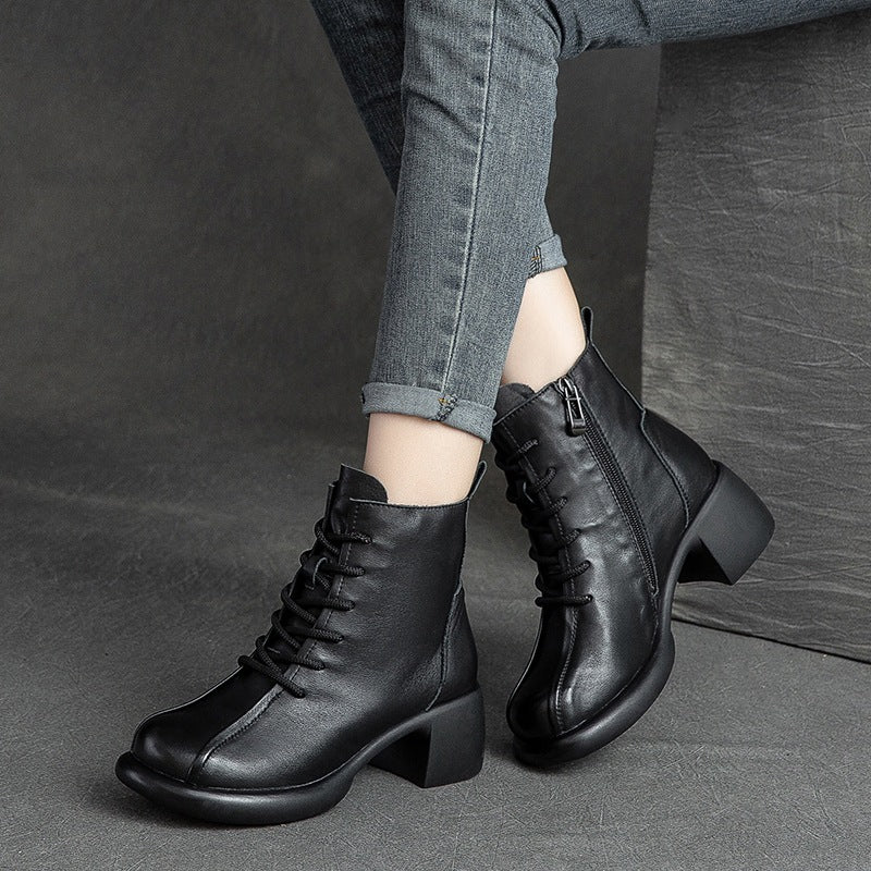 Women Retro Leather Chunky Heel Boots Newgew Shoes