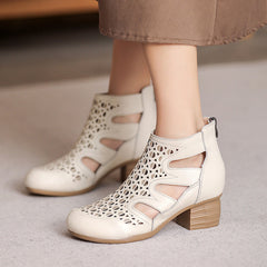 Women Retro Hollow Leather High Top Bootie Sandals Newgew Shoes